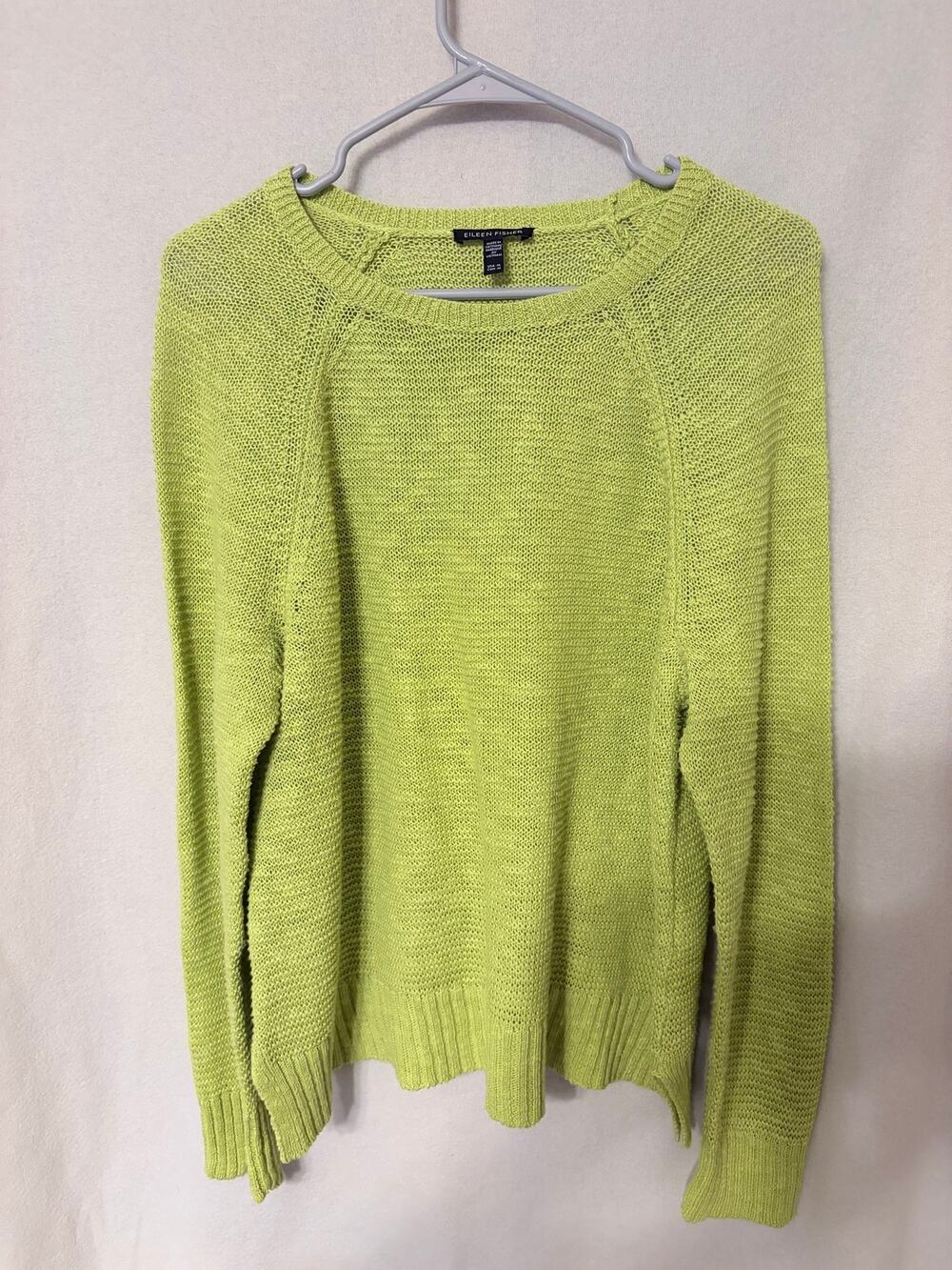 Eileen Fisher Organic Linen Knit Sweater Crewneck Chartreuse Green Raglan